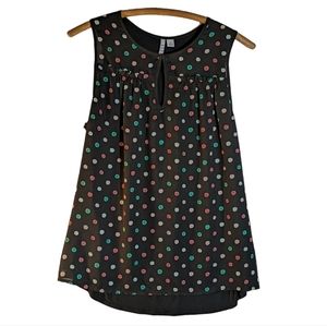 Elle, Black/Multi Color Polka Dot, Mix Media, Keyhole Neck, Sleeveless Top